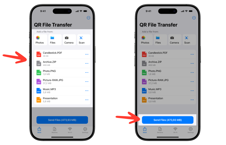 select files to send via qr file transfer